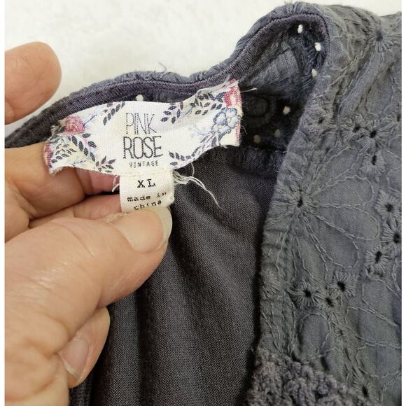 Boho Tunic Eyelet Charcoal Top Sleeveless Size XL Pink Rose Vintage Brand - Picture 7 of 8